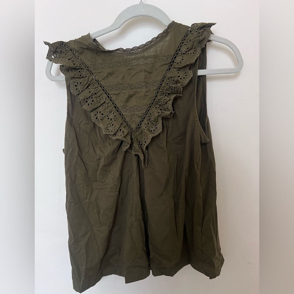 J. Crew Olive Green Tank with Eyelet and Ruffle Detailing